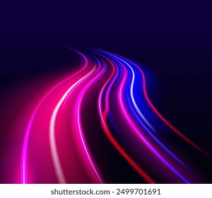 Larga exposición de las autopistas como velocidad. Líneas espirales de neón en colores amarillo, azul y púrpura. Imagen del movimiento de la velocidad en la carretera.	