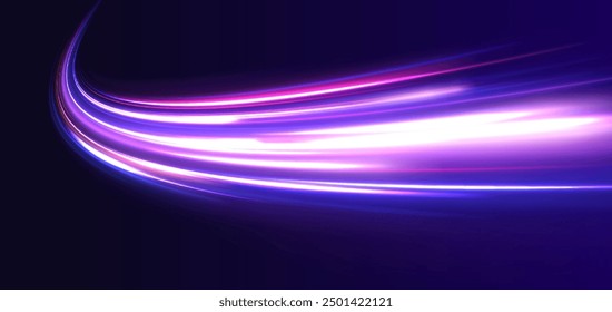 Long exposure of motorways as speed. Neon spiral lines in yellow blue and purple colors. Image of speed motion on the road.	