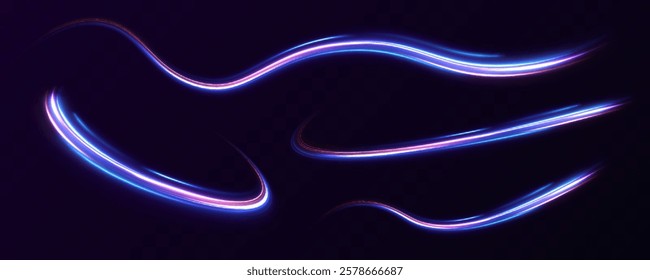 Long exposure of motorways as speed. Neon spiral lines in yellow blue and purple colors. Image of speed motion on the road.	