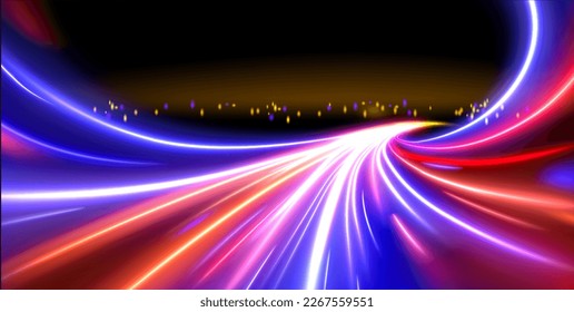 Long exposure vector effect on city landscape. Car lights speed motion bright color trail on road vector background. Dynamic neon glow from urban transport traffic in evening illustration.