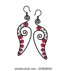 Long feather earrings image silhouette. Wire wrapped handmade jewelry vector.  Woman accessories, beaded jewelry.
