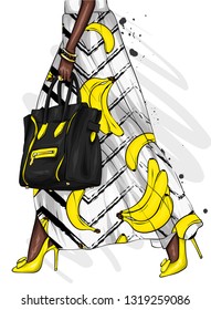 Long female legs in a beautiful skirt and high-heeled shoes. Stylish bag. Fashion and style, clothing and accessories. Vector illustration, print on a postcard or t-shirt.