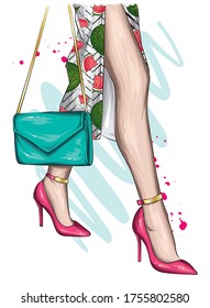 Long female legs in a beautiful skirt and high-heeled shoes. Stylish bag. Fashion and style, clothing and accessories. Vector illustration, print on a postcard or t-shirt.