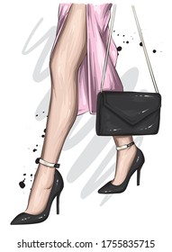 Long female legs in a beautiful skirt and high-heeled shoes. Stylish bag. Fashion and style, clothing and accessories. Vector illustration, print on a postcard or t-shirt.