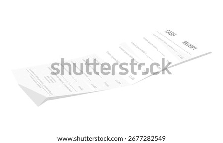 Long financial check or payment check, isolated on white background. Thermal paper cash register sales receipt. Printed cash receipt. Cash register sales receipt. Vector illustration