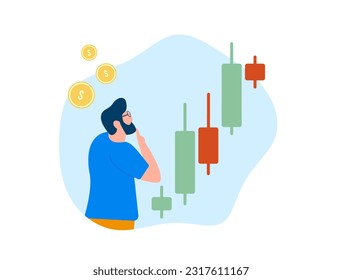 Long financial stock or crypto market concept. Male trader looks at rising Japanese candlestick chart and thinks how to make money on volatility. Long Bull trend with liquidation, margin call