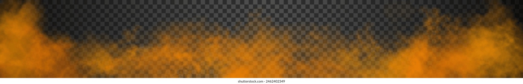 Long fire orange gradient futuristic vibrant smoke cloud. Vector realistic magic color haze panorama isolated on the semi transparent dark background.