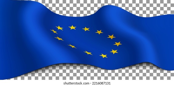 Long flag of EU (the European Union) on a transparent background. Flag of supranational political and economic union of 27 member states. Vector illustration.