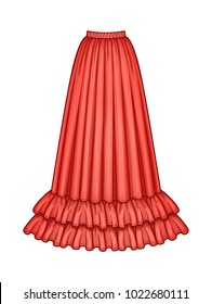 Long flared red skirt with double ruffle hem. Elastic smocked waist. Floor length. Vector illustration.