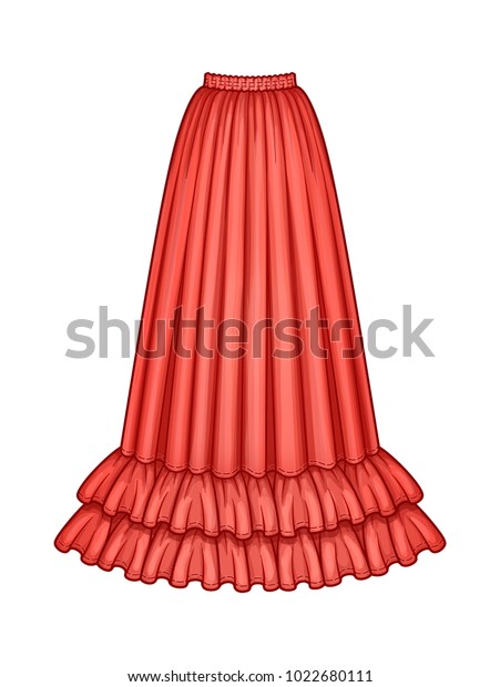 Long flared red skirt\
with double ruffle hem. Elastic smocked waist. Floor length. Vector\
illustration.