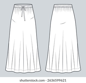 Long Flared Skirt with Elastic Waistband and Drawstring Fashion Flat Sketch. Slip Skirt fashion flat technical drawing template, bias cut, front and back view, white, women CAD mockup.