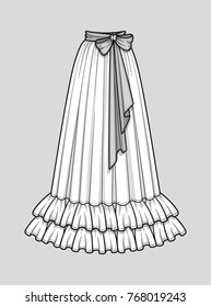 Long flared smocked skirt with double ruffle hem. Waist belt with a bow. Floor length. Technical flat sketch. Vector illustration.