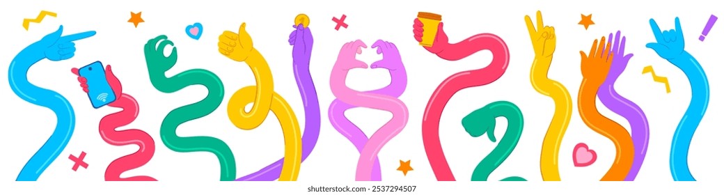 Long flexible hands. Stretched hand holding different items, arm pointing finger various gestures thumbs up weaving twisting elastic abstract arms funny, neat vector illustration original artwork