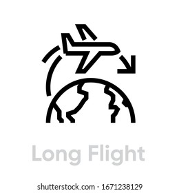 Long flight airplane icon. Editable line vector. The figure of an airplane flies over the globe single pictogram..