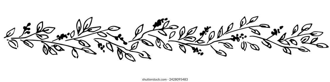 Long floral border banner, branches with leaves and inflorescences. Garland, divider, vegetation and nature, lush foliage. Vector drawing with black outline, ink sketch.