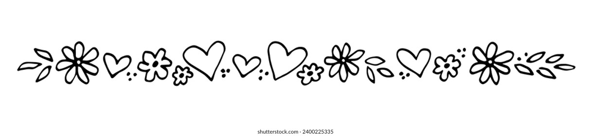 Long flower garland, border, divider. Celebrating Valentine's Day, love. Small flowers, hearts. Simple vector drawing with black outline. Sketch in ink.