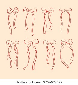 Long flowing ribbon bows set in minimal hand drawn style. Elegant thin line bows with hanging ribbons for packaging, wedding and fashion graphics