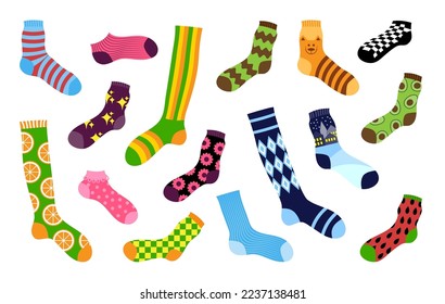 Long foot socks, heart sox. Fashion winter pattern in cute colors, colorful ornament, different funny prints. Trendy textile clothes. Vector illustration current cartoon flat design set