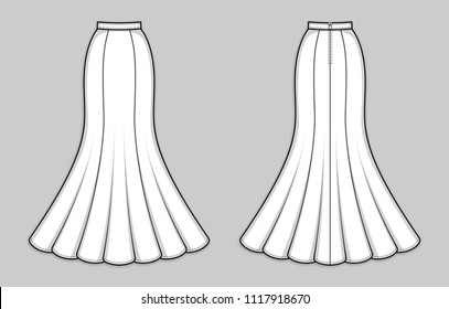 Long formal gored skirt with flared hemline, banded waist. Maxi mermaid skirt with back zip clasp. Back and front. Technical flat sketch, vector.