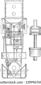 Long Frame Lorry where the image to the left is a universal jointed counter shaft for the truck, vintage line drawing or engraving illustration.