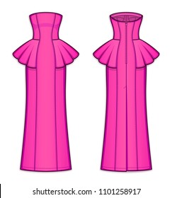 Long fuchsia column dress with panel lines, strapless straight across neckline, peplum waist, back zip clasp, kick pleat. Bodycon dress. Back and front. Technical flat sketch. Vector illustration.