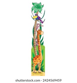 a long giraffe stands next to a palm tree on which a beautiful toucan sits, cartoon, vector, eps