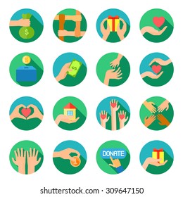 Long giving hands donations and fund raising organizations symbols flat round icons set abstract vector isolated illustration