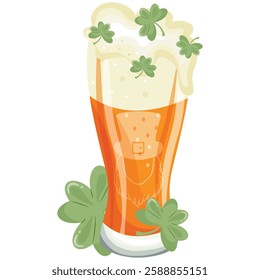 long glass icon with leprechaun face print with wheat beer and shamrock leaves, st patrick's day design