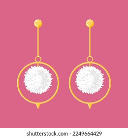 Long gold dangle earrings isolated on pink background. Modern Trendy Women Accessories jewelry Vector illustration