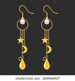 Long gold dangle earrings with moon, star and pearl isolated on black background. Modern Trendy Women Accessories jewelry Vector illustration