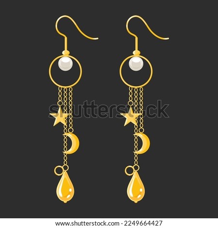 Long gold dangle earrings with moon, star and pearl isolated on black background. Modern Trendy Women Accessories jewelry Vector illustration Foto d'archivio © 