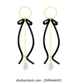 Aranillos dorados largos con perlas y arco negro aislados en un fondo oscuro. Moderna moda Mujeres Accesorios joyería Vector ilustración