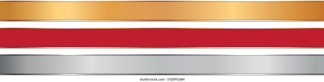 Long Gold, Silver And Red Ribbon Banners With Gold Frame On White Background