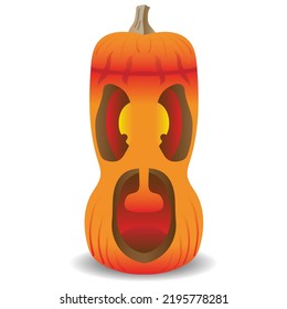 A long gourd screams with a fiery glow inside. Vector isolated illustration on white background. Traditional decoration, halloween celebration symbol