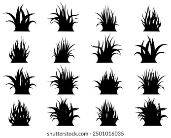 Long Grass Reeds Clipart Set - Outline, Silhouette and Color. Meadow silhouettes with grass, plants on plain with herbs, various weeds for brush. Herbal border, frame element. Vector illustration