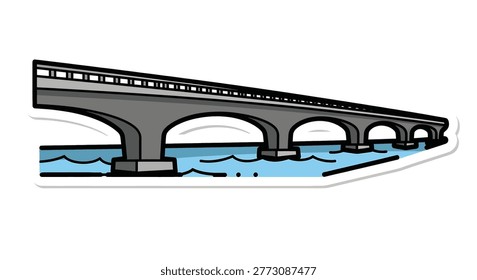 Long gray bridge with several arches spanning water