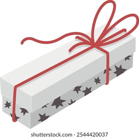 long gray decorated gift box. holiday present box, tied with red wrapping ribbon bow. happy birthday, Christmas, New Year, wedding or Valentine day package concept. vector flat illustration isolated.