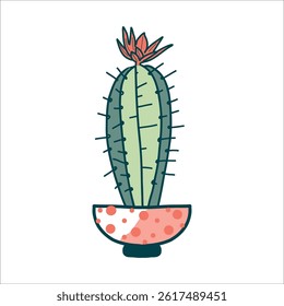 Cacto verde longo em um pequeno pote rosa. Ilustração de vetor desenhada à mão. Adequado para impressão em tecido, papel, para design.