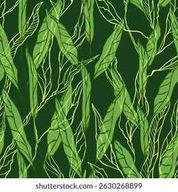 Long green narrow leaves on branches, veins and vines. Seamless vector illustration. Used for fabric, wallpaper, packaging, etc.