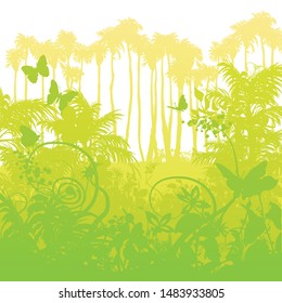 Long green palm trees in the deep jungle