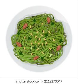 Long green pasta with herbs, pine nuts, almonds and parsley in plate isolated on white background. Vector illustration. Top view portion.