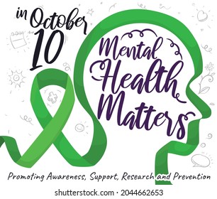 Long green ribbon forming a side view head shape, cute doodles and some precepts, promoting that mental health matters during its World Day on October 10.