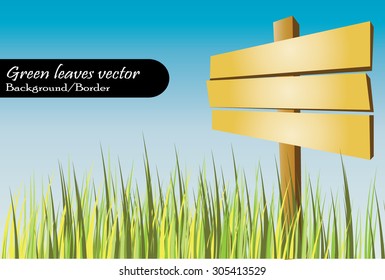 Long green weed grass vector and empty wooden signboard/signage with blue sky background suitable as bottom border or background (eps10)