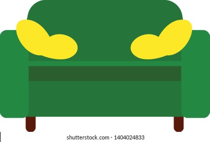 A long green-colored upholstered seat with a back and arms, for two or more people, stands with the support of wooden legs has two small throw yellow pillows, vector, color drawing or illustration.