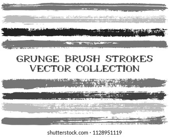Long grey ink brush strokes isolated design elements. Set of paint lines. Distressed stripes, textured paintbrush stroke shapes. Ink brush stripes isolated on white, vector wall paint samples set.