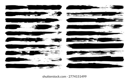 Long grunge brush strokes, lines, ink smudges, hand-drawn scribble shapes. Handmade sketchy marks, stains, charcoal streaks. Paint textures, dry brush effect. Marker underline. Vector illustration