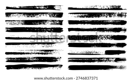 Long grunge brush strokes, lines, ink smudges, hand-drawn scribble shapes. Handmade sketchy marks, stains, charcoal streaks. Paint textures, dry brush effect. Marker underline. Vector illustration