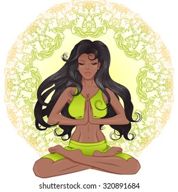 The long hair African American girl sitting in the lotus position with a mandala background. Vector illustration for a spa, yoga studio, natural medicine clinic.