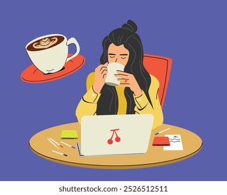 Long hair asian female drinking coffee working on her desk 