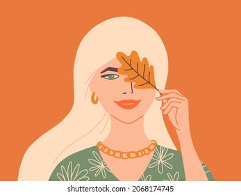 Long hair blonde flirting covering eyes with autumn leaf. Young stylish woman holds yellow oak leaf in hand. Smiling fashion girl with gold hoop earring, jewelry chain on her neck. Vector illustration